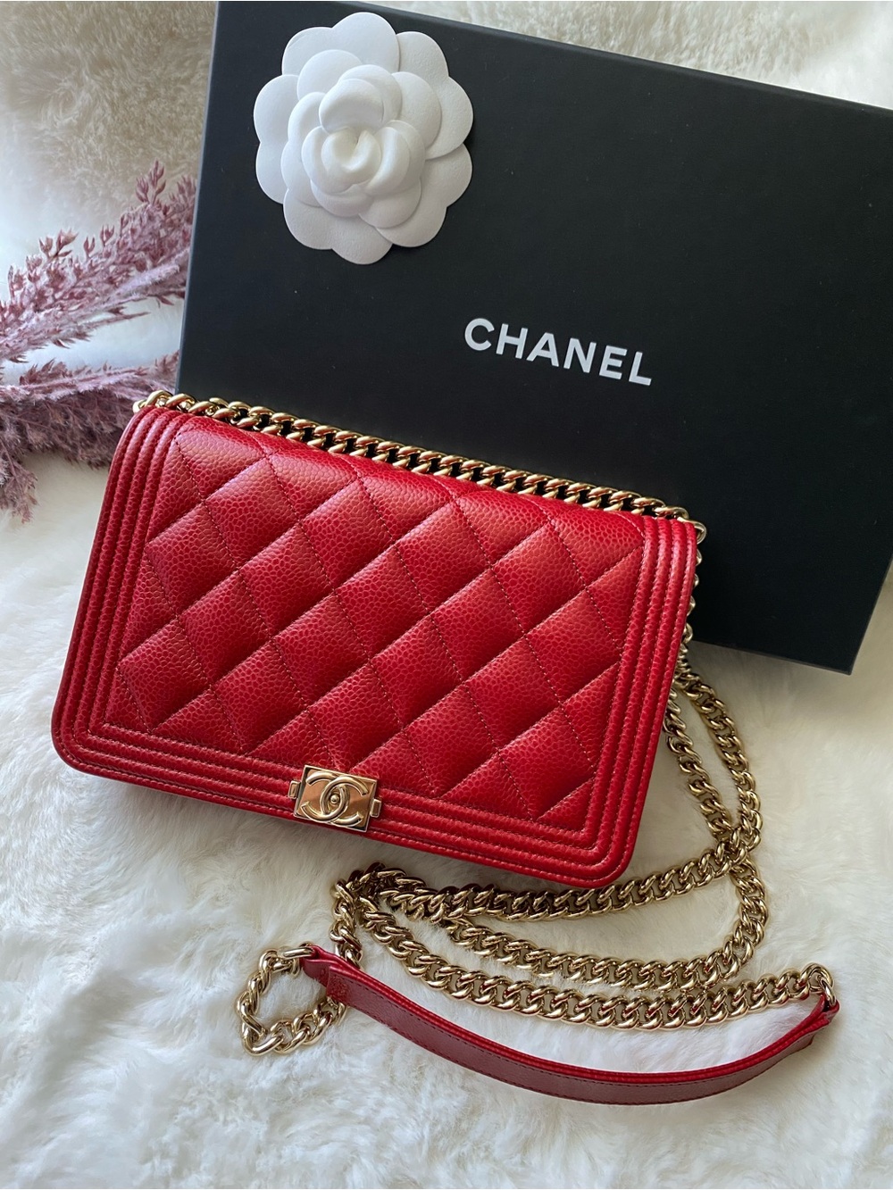 CHANEL Red Quilted Leather Chain Crossbody Bag